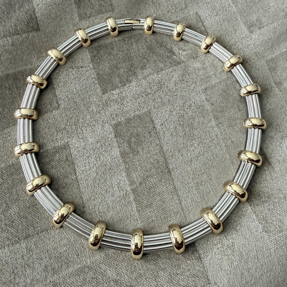 VTG Silver Gold Tone Collar Necklace Ribbed Strand Chunky Stmt 17" Box Clasp